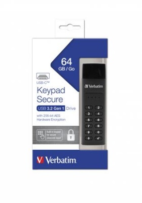 Pendrive, 64GB, USB-C (USB 3.2), titkosítás, 160/130Mb/s, VERBATIM "Keypad Secure"